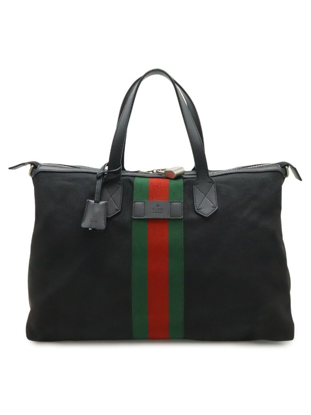 Gucci Web Stripe Sherry Line Tote Large Shoulder Bag Nylon Leather Black